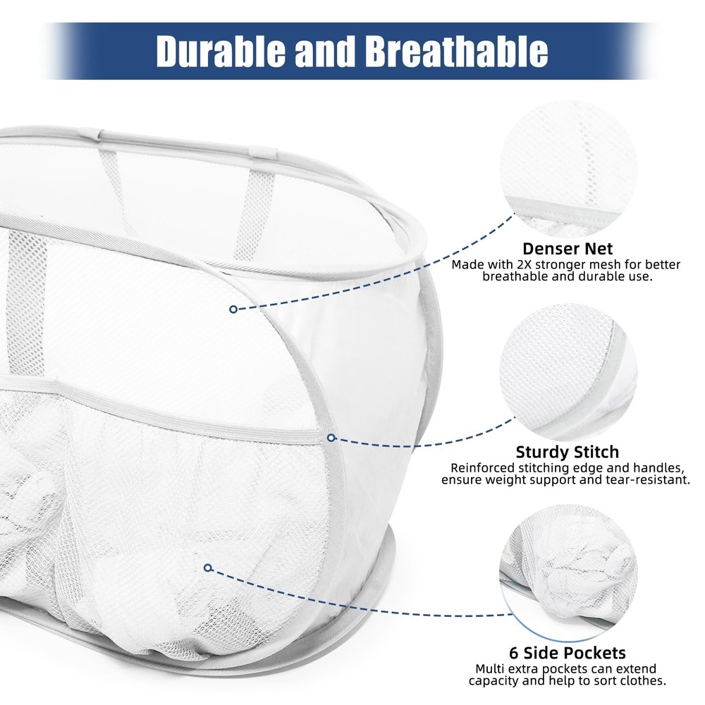 2 Pack Collapsible Laundry Baskets, Upgrade Pop Up Laundry Hamper with Conven...