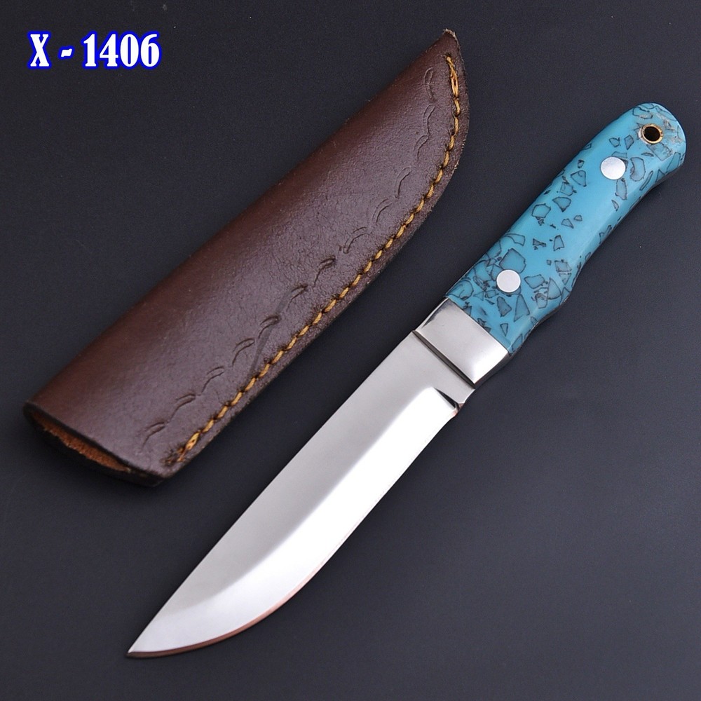 Handcrafted Fixed Blade Drop Point Hunting Knife Turquoise Handle