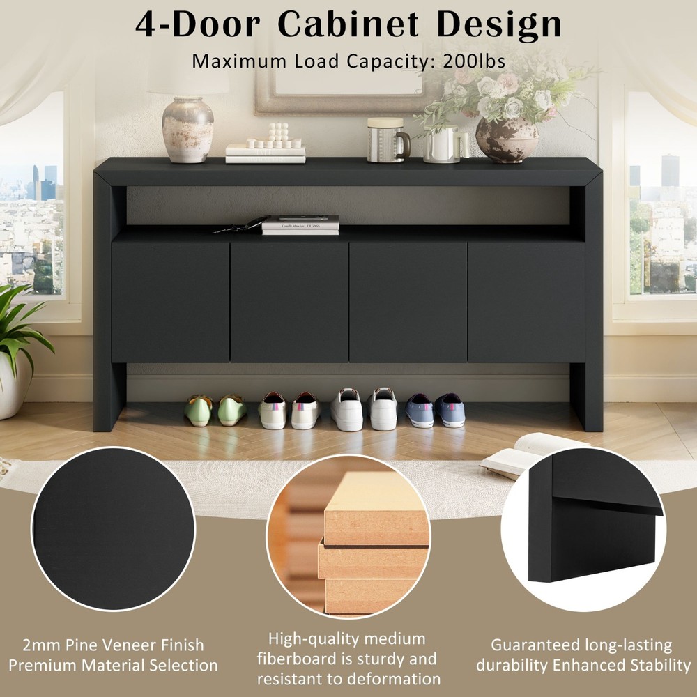 60" Modern Minimalist Solid Wood Veneer Sideboard (4 Doors+Open Shelf, Natural