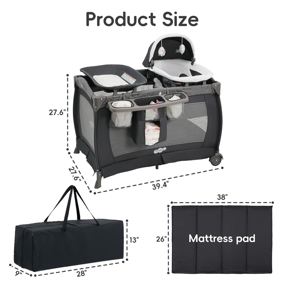 Foldable Playard with Changing Table & Diaper Organizer - For Newborns, Grey