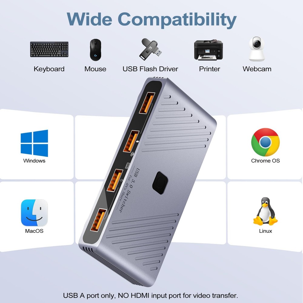 USB 3.0 Switch, 4 Computers Sharing 4 USB Devices, OneButton Switcher for Key...
