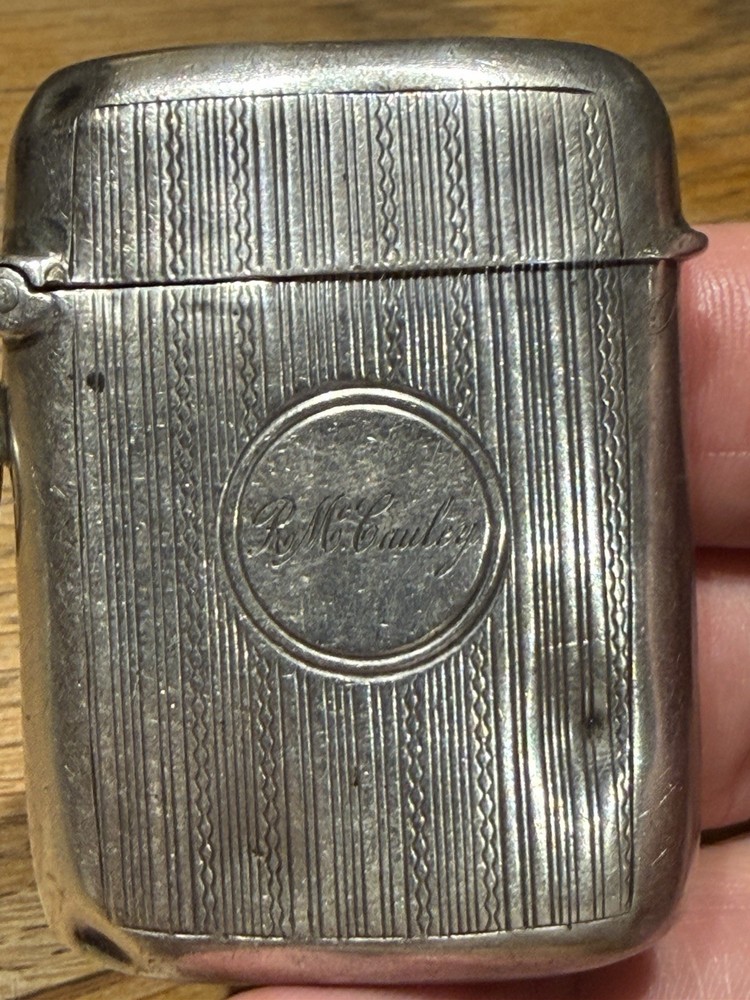 Edwardian Solid Silver Vesta Case Birmingham 1904 Engine Turned 38.5g Antique