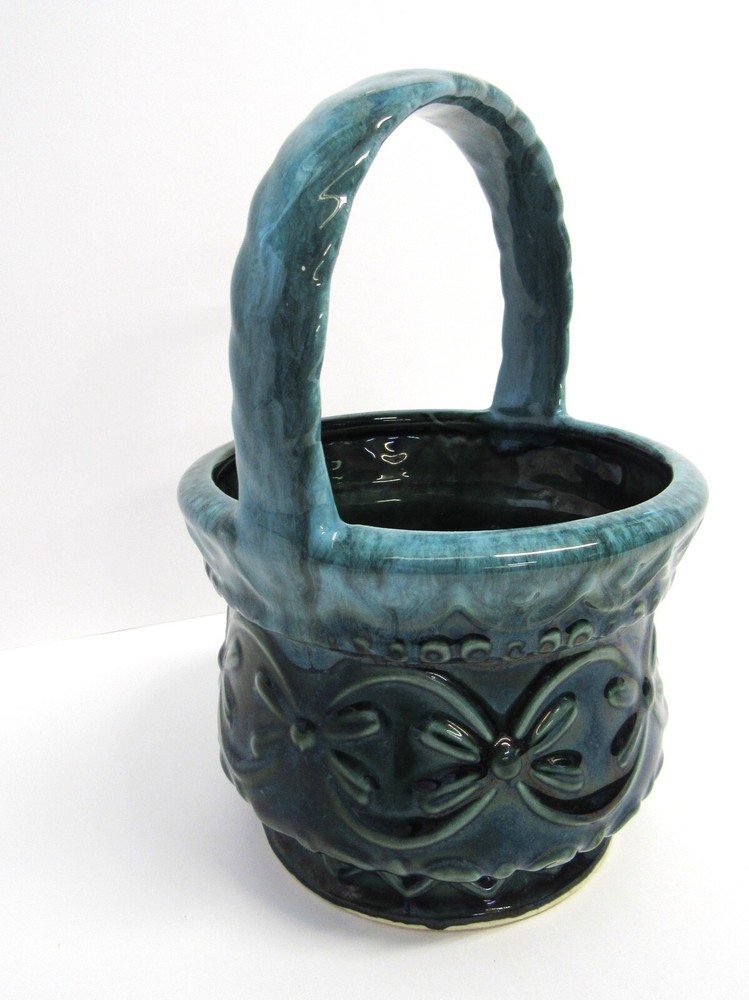 Vintage Hull Pottery Green Drip Basket Planter - EUC