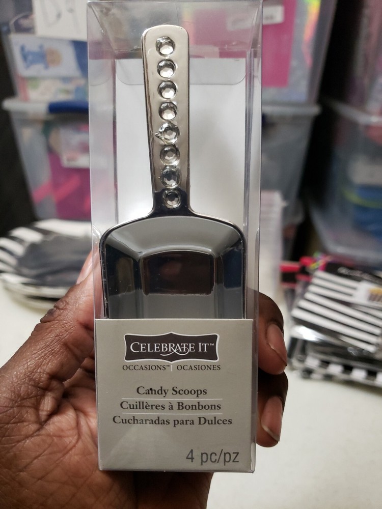 SILVER RHINESTONE BLING HANDLE 5"  plastic scoops 4ct PT1