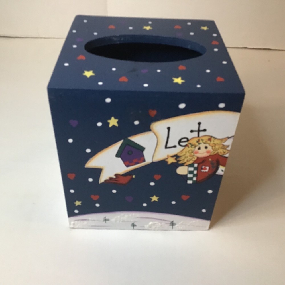 wooden square tissue box dark blue Christmas scene