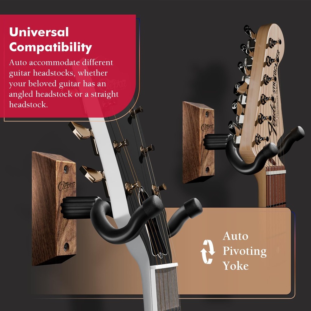 ClefArc Guitar Wall Mount 2 Pack - U-Shape 2 Pack, Black Walnut