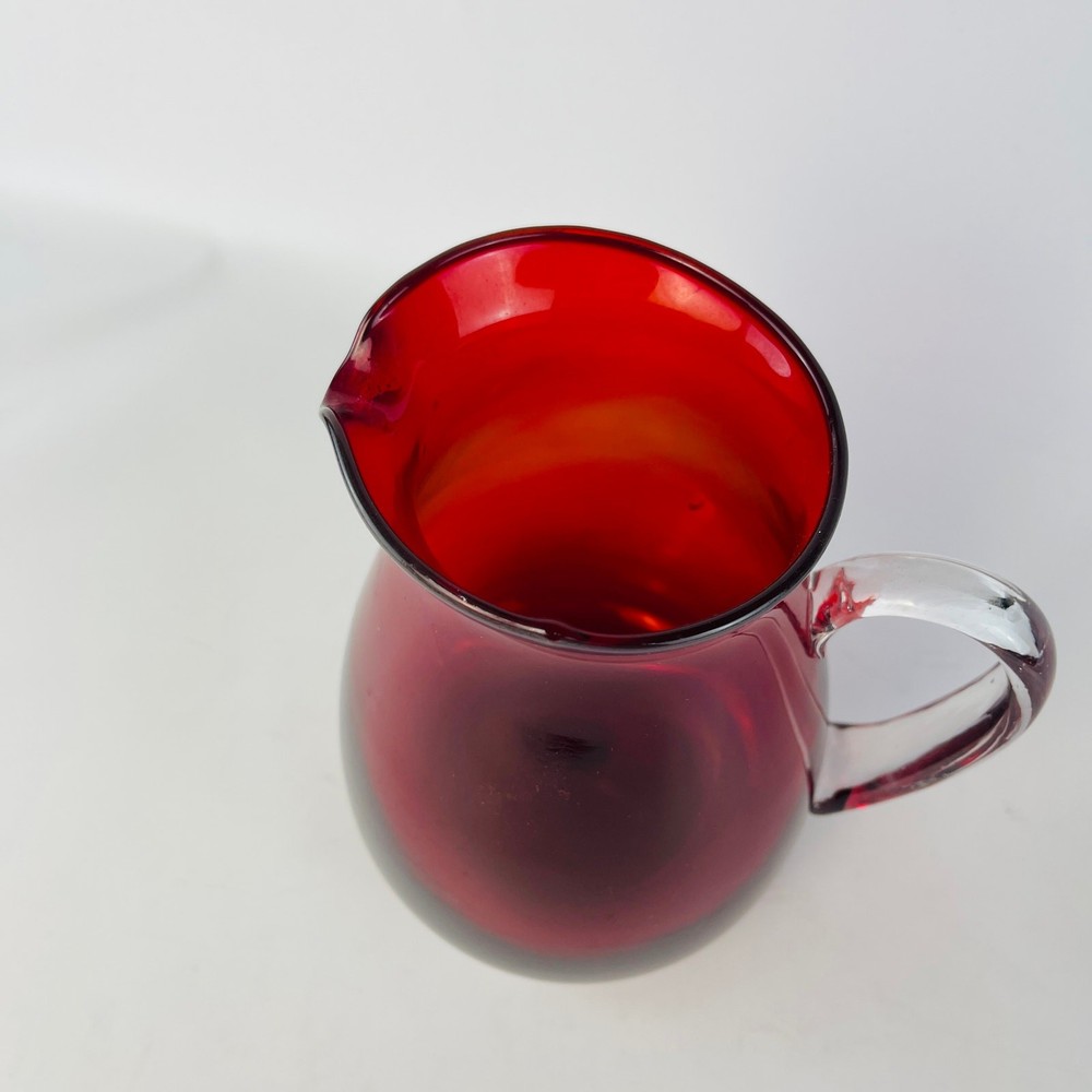 Hand Blown Art Glass Water Pitcher Ruby Red / Cranberry 7” Applied Handle