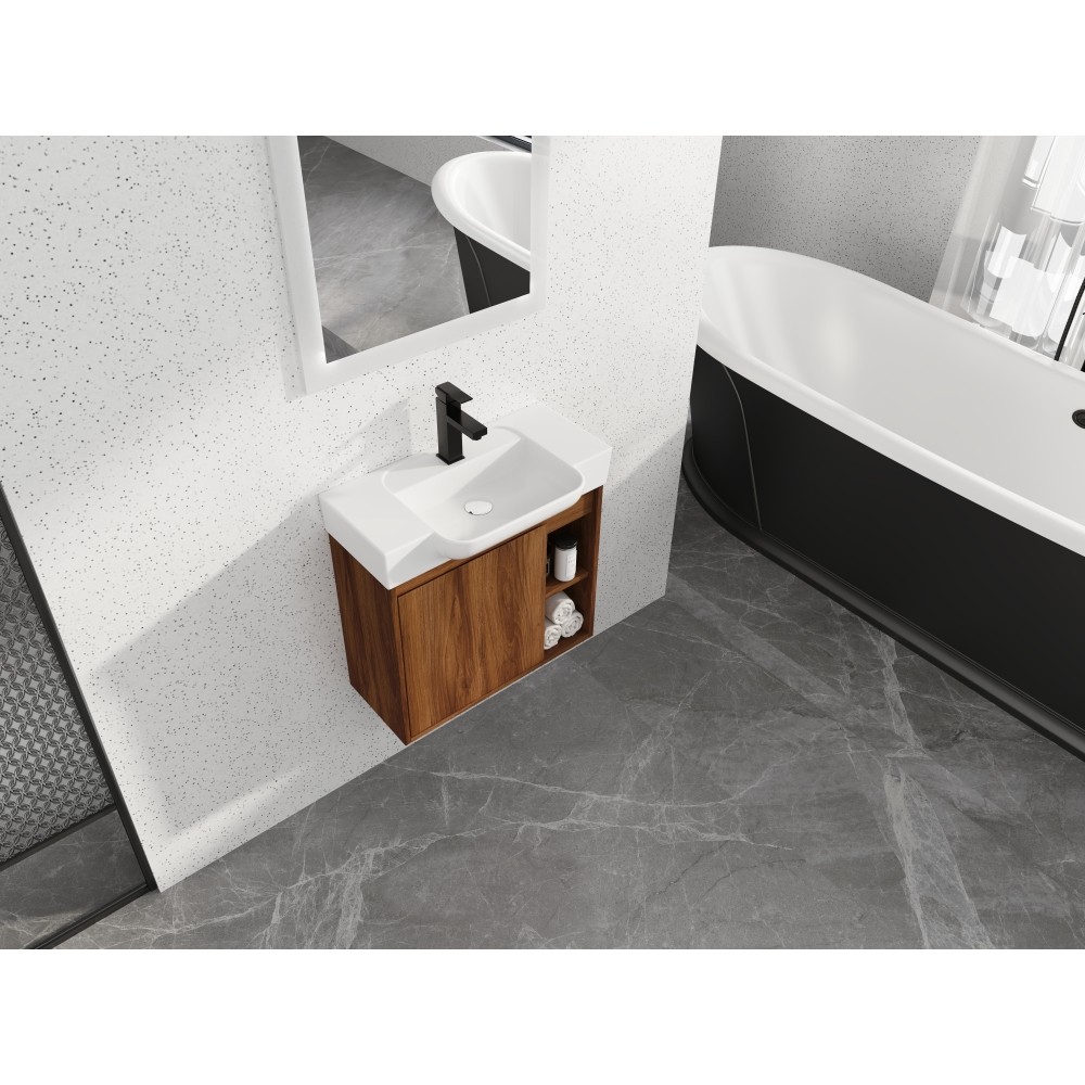 Wall-mounted bathroom vanity White ceramic sink Soft-close doors