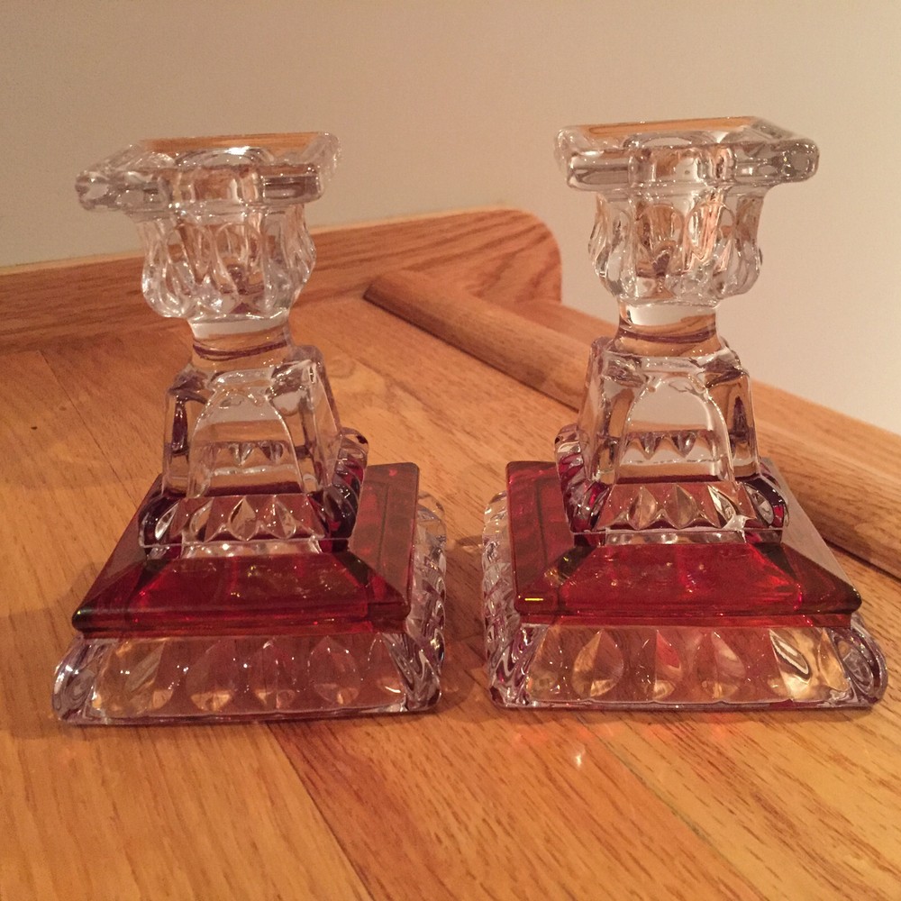 Westmoreland Wedding Pattern Ruby Flash Crystal Candlestick Pair ~ NWOB VTG