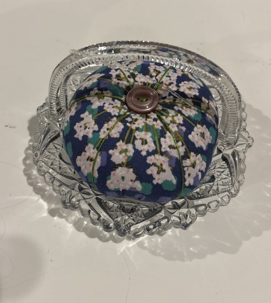 Sewing Pin Cushion Glass Basket Sun Design & Handle EUC