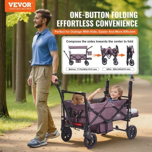 Wagon Stroller for 2 Kids Push Pull Quad Collapsible Stroller with Adjustable