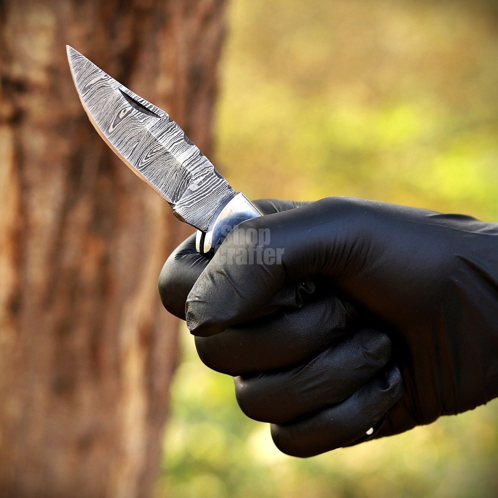 Handmade Damascus Folding Knife, Turquoise Stone Handle Leather Sheath Sharpner.