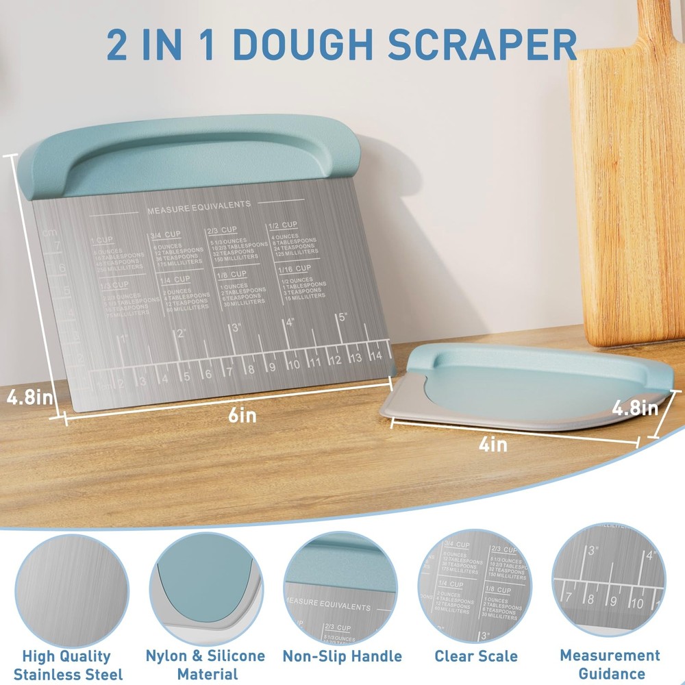 Bench Scraper Dough Scraper for Pastry Blue Stainless Steel