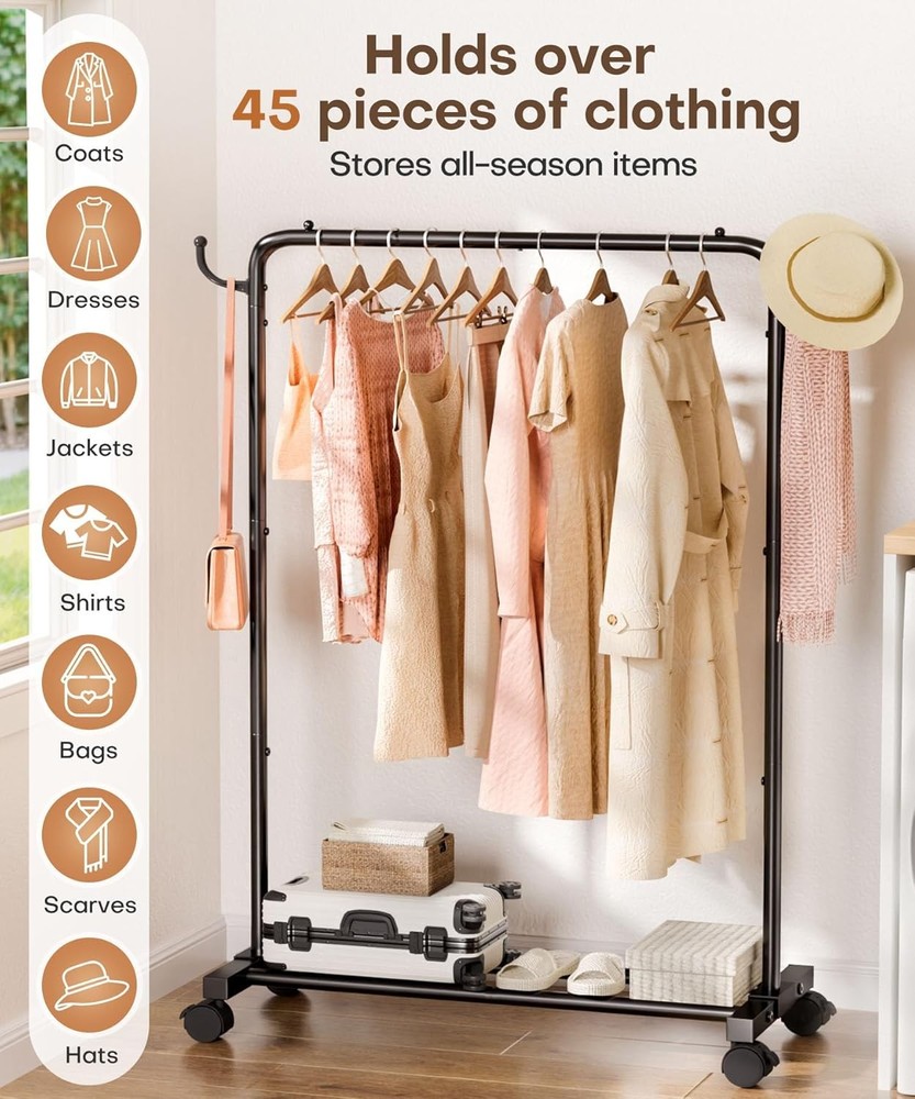 Adjustable Rolling Clothes Rack with Hooks - Heavy Duty Indoor Storage