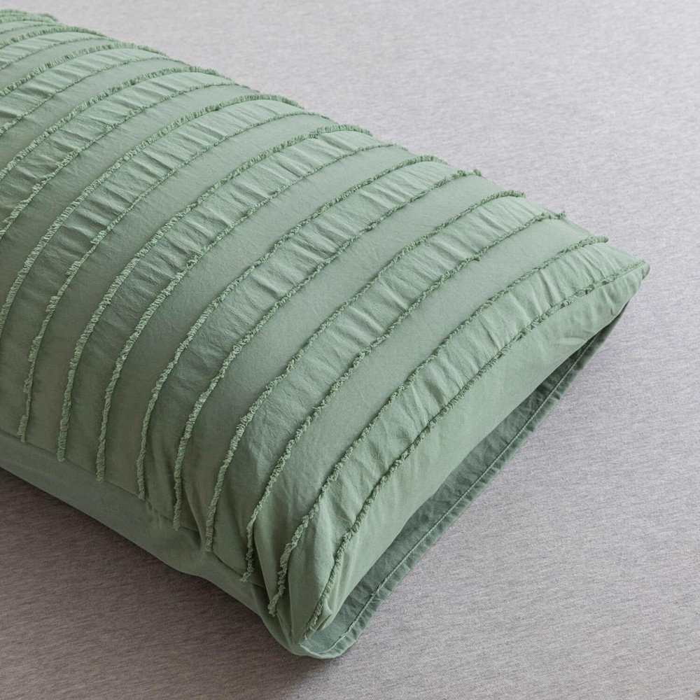 2 Pack Green Pillowcases King Size Soft Microfiber Striped Tufted Pillow Cove...