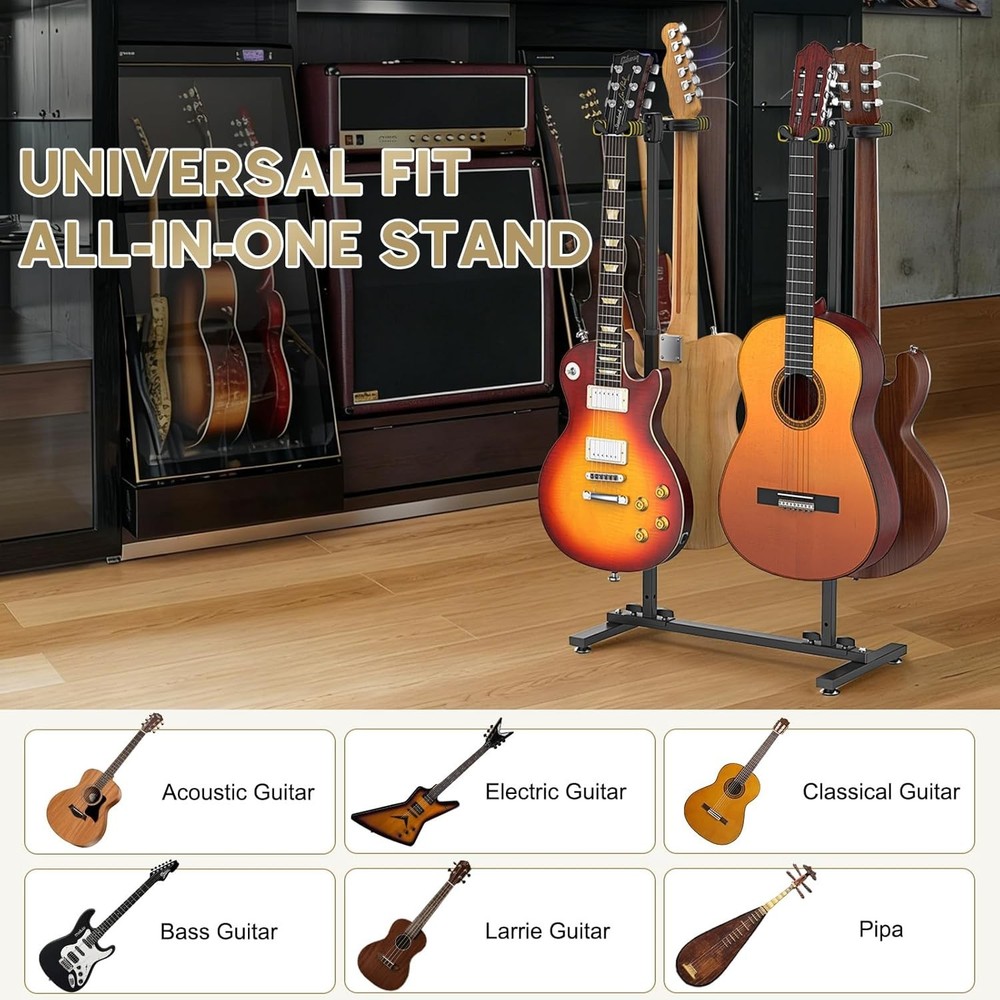 Multi Guitar Holder Stand for 4 Guitars Adjustable Height 90° Gravity-Lock Hook