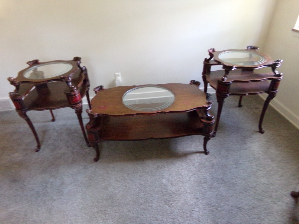 1940'S ANTIQUE COCKTAIL TABLE WITH SIDE TABLES