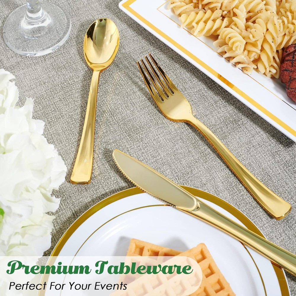 FOCUSLINE 75 Pack Gold Plastic Silverware Disposable Cutlery