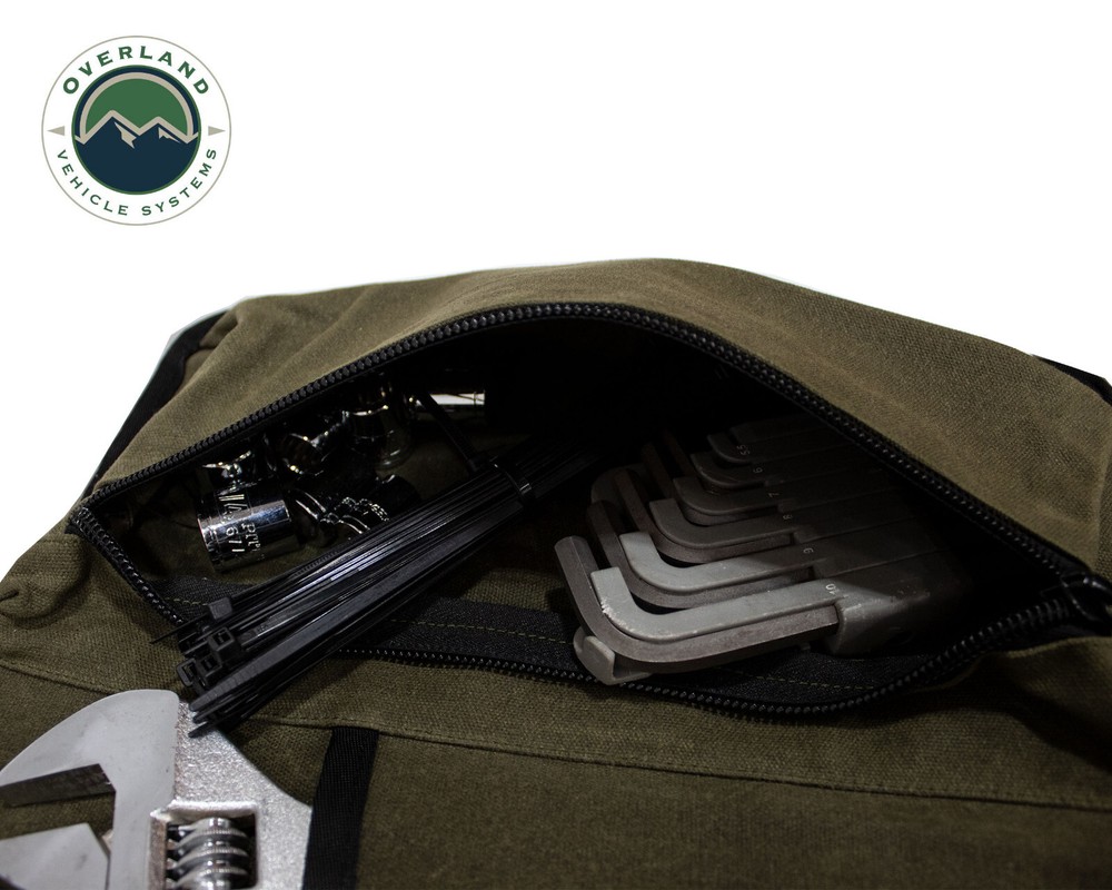 Overland Vehicle Systems Rolled Bag General Tools w Handle & Straps Waxed Canvas