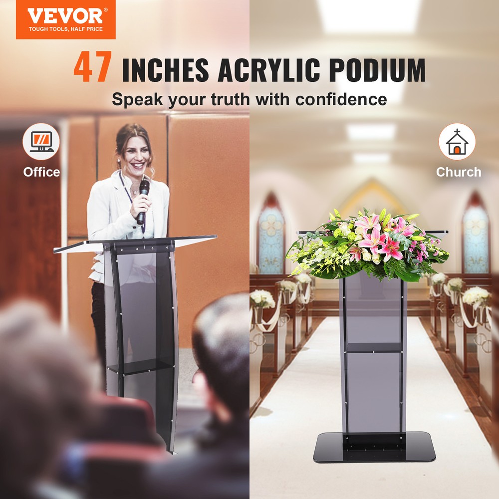 VEVOR Acrylic Podium Stand 47" Reading Surface Storage Shelf Black