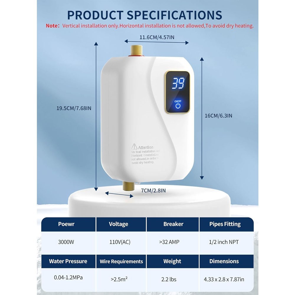 Calentador De Agua Electrico Instantaneo Sin Tanque 110V Para Cocina Casa 3000W