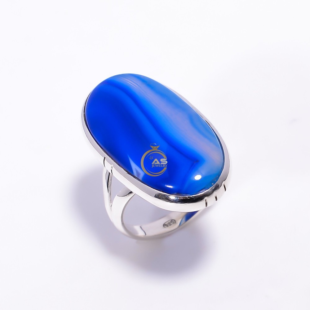 Blue Banded Agate Ring 925 Sterling Silver Statement Boho Rings Gift for Her