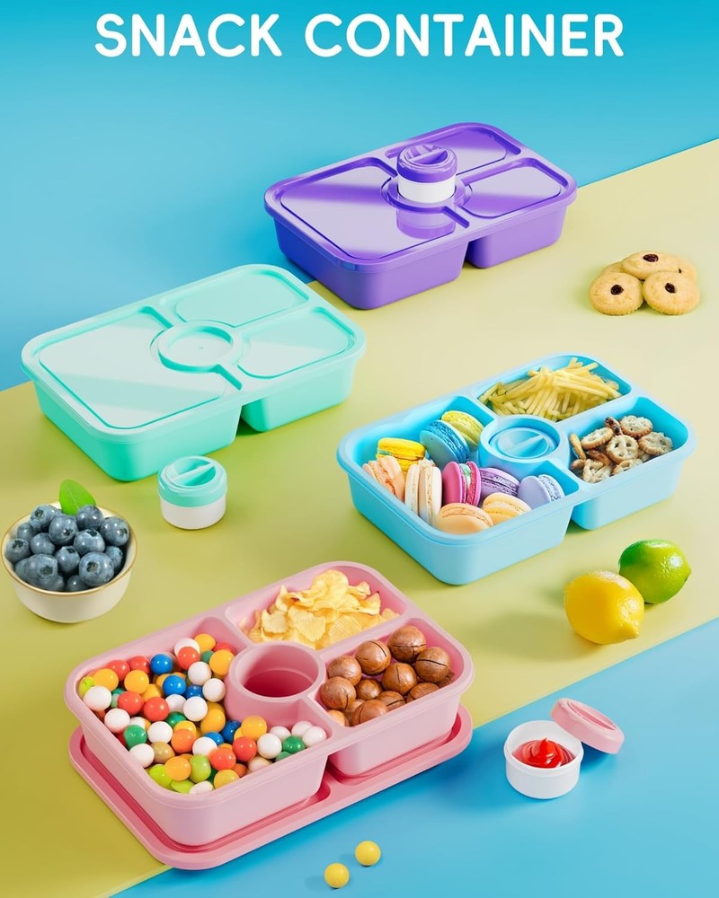 4 Pcs Bento Snack Box Containers, 4 Compartment Divided Stackable Food Storage C