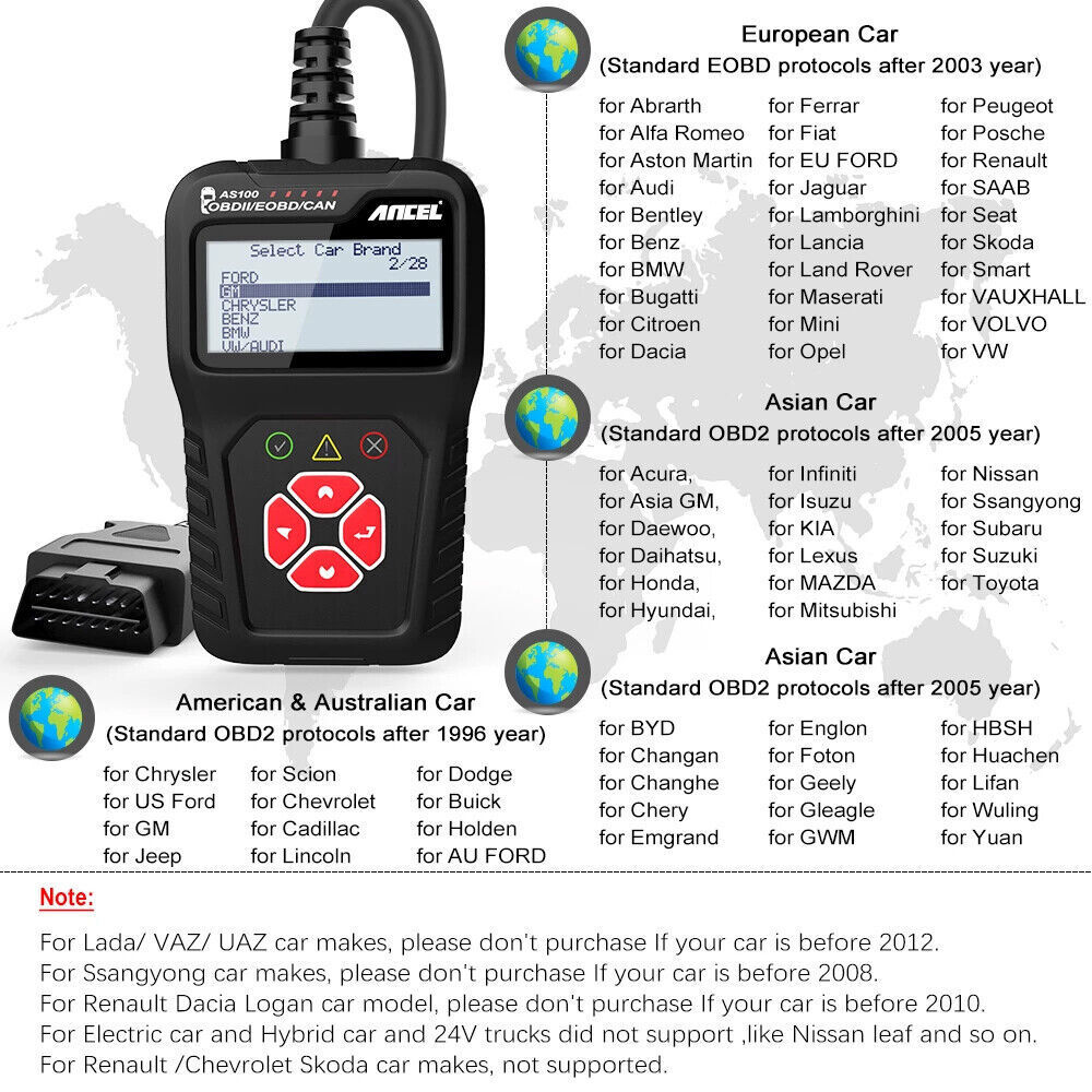 Ancel AS100 OBD2 Scanner Car Diagnostic Tool Erase Engine Fault OBD2 Code Reader