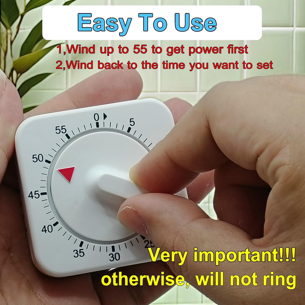 Square 60 Minute Mechanical Kitchen Timer - Visual Kitchen Cooking Timer Clock w