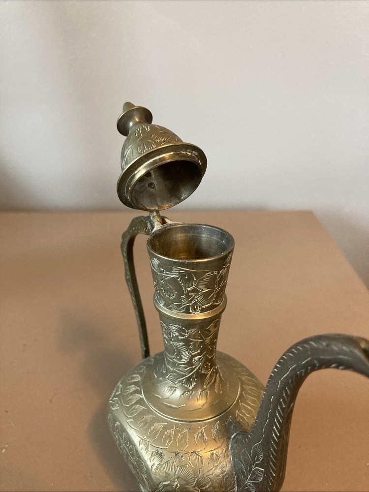 Pair 2 Indian Middle Eastern Etched Dallah Brass Coffee Pots