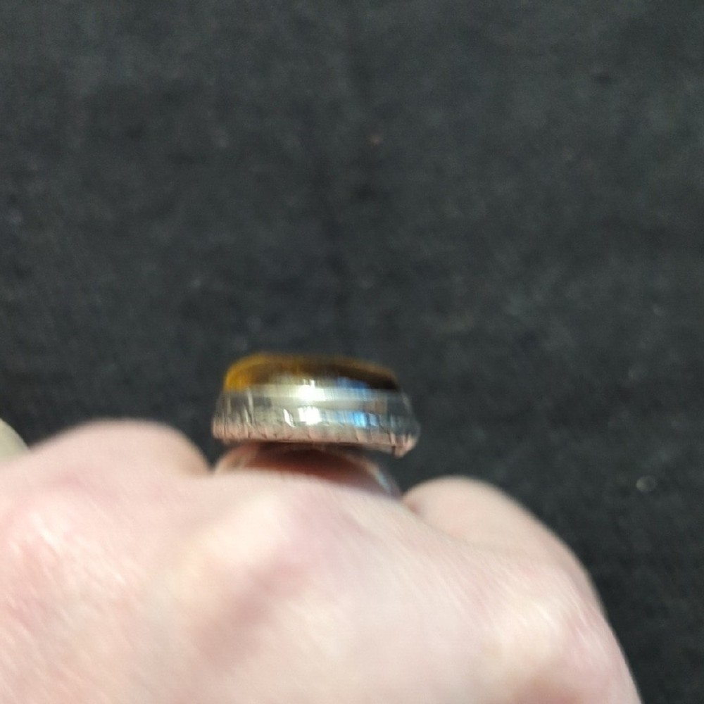Silver Plated Brown Tiger's Eye Gemstone Oval Statement Ring - Size 8