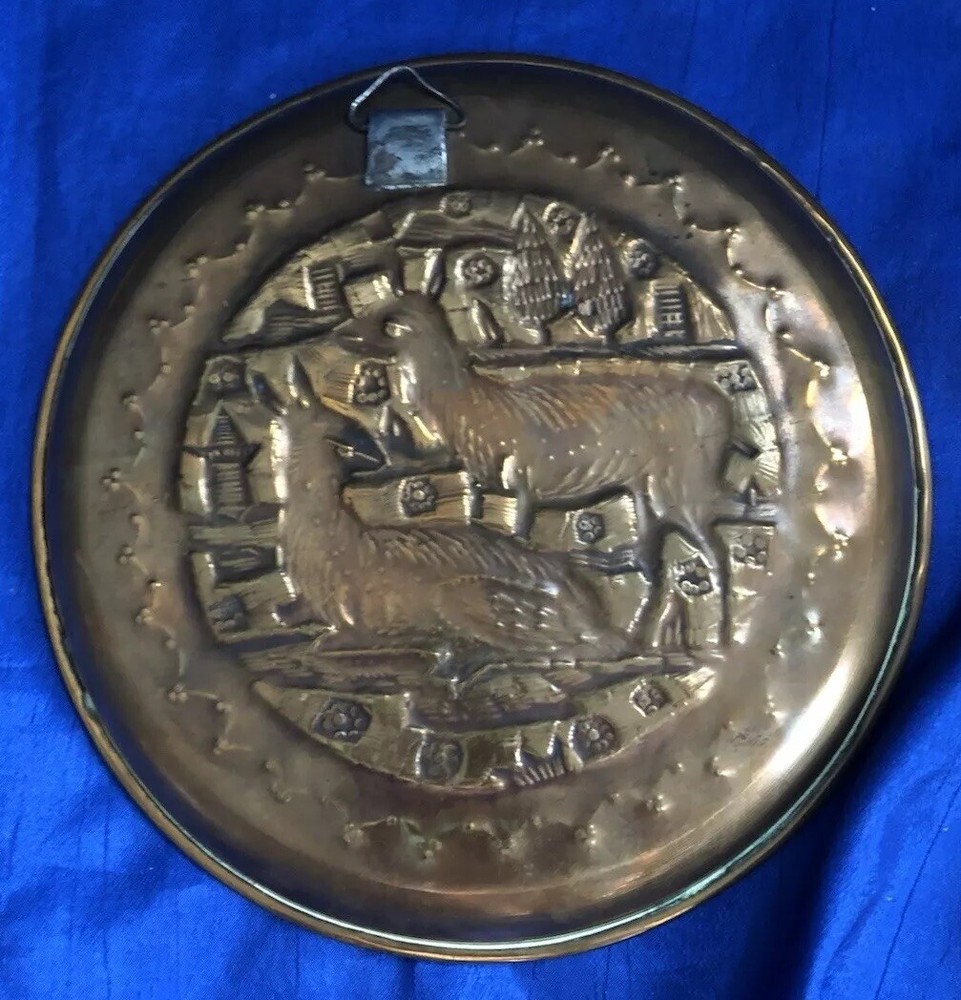 Vintage Hammered Copper? Brass? Plate Wall Hanging Two Deer Pattern