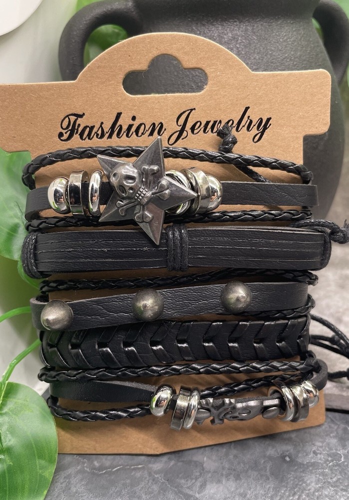 5 PC PU Leather Punk Bead Bracelet Stackable Adjustable Tie New Free Ship B3391