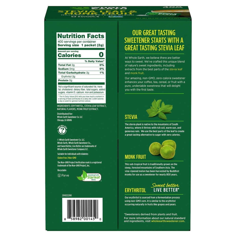 Stevia & Monk Fruit Zero Calorie Sweetener, 400 Packets