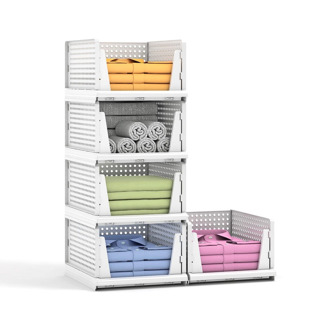 5 Packs Stackable Plastic Storage Basket for Closet Foldable Closet Organizer...