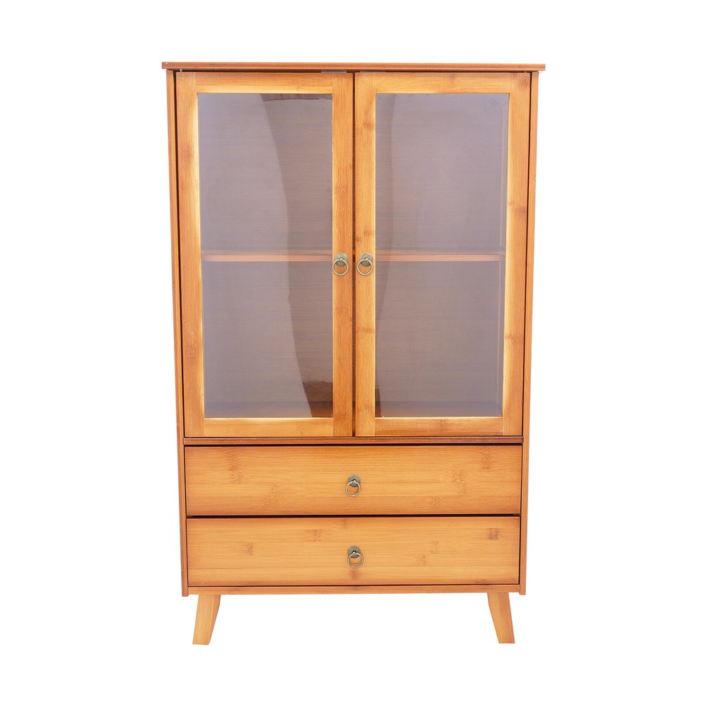 2-Compartments Bamboo Kitchen Sideboard Storage Organizer Cupboard Freestanding