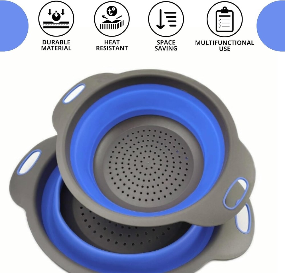 Blue Round Silicone Collapsible Kitchen Colander Plastic Handle Strainer