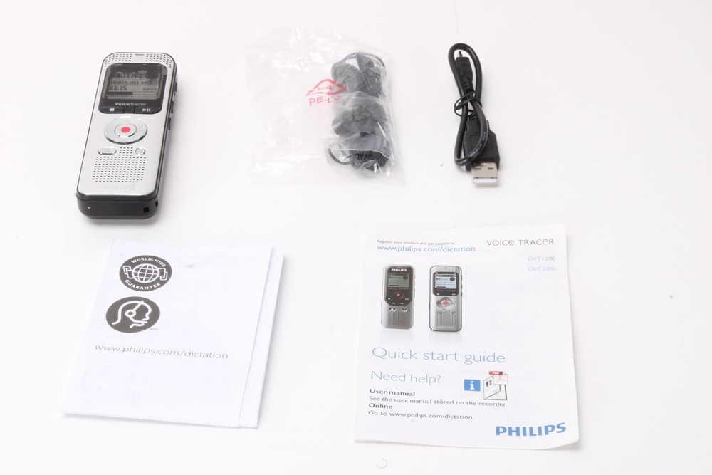 Philips DVT2000 Voice Tracer With USB Cable, Earbuds, and Quick Start Guide