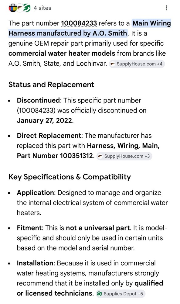 100084233 A.O. Smith - Main Wiring Harness - Discontinued