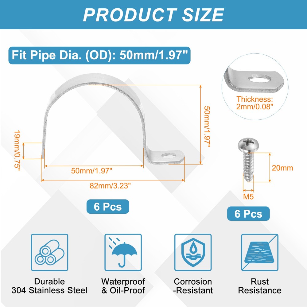 6Pcs 50mm(2") One Hole Rigid Pipe Strap with Screws, Silver