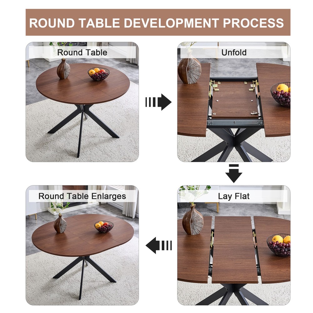 Extendable Round Dining Table - Space-Saving Dining Table with Sturdy Metal L