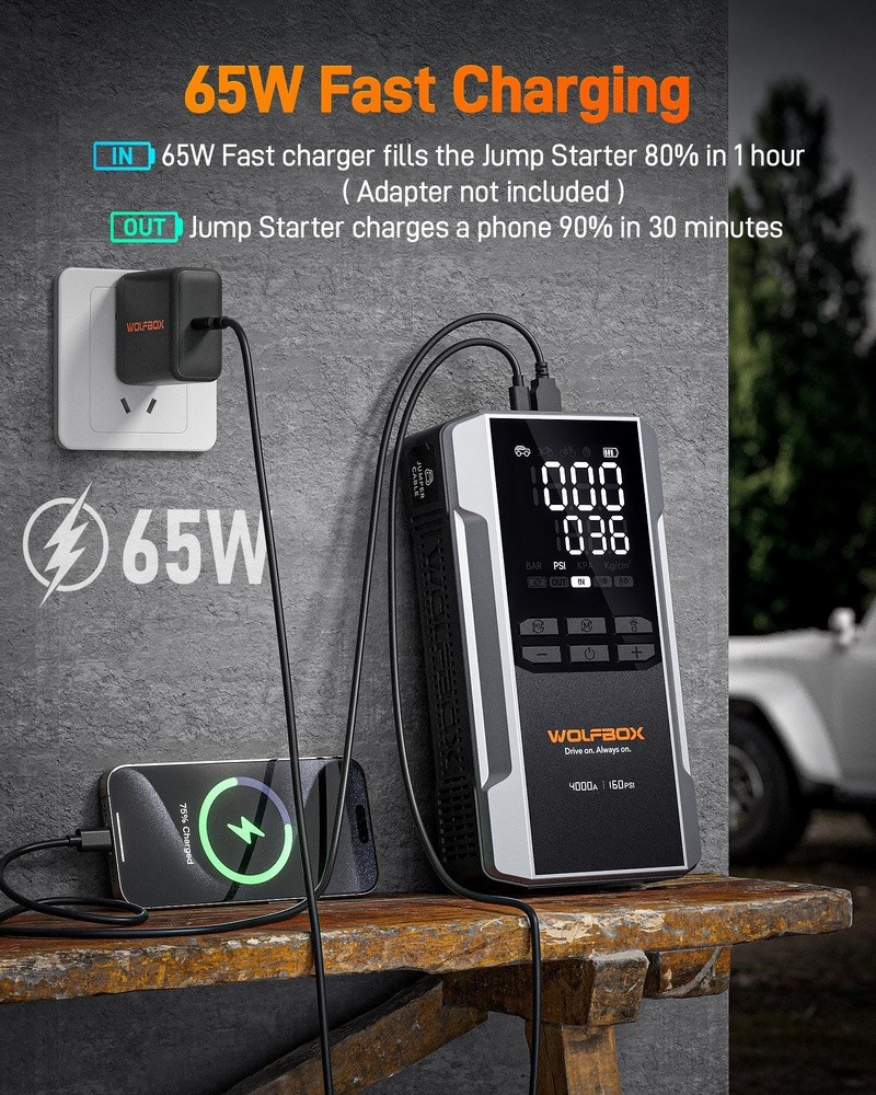 WOLFBOX 4000A Jump Starter with 160PSI Air Compressor