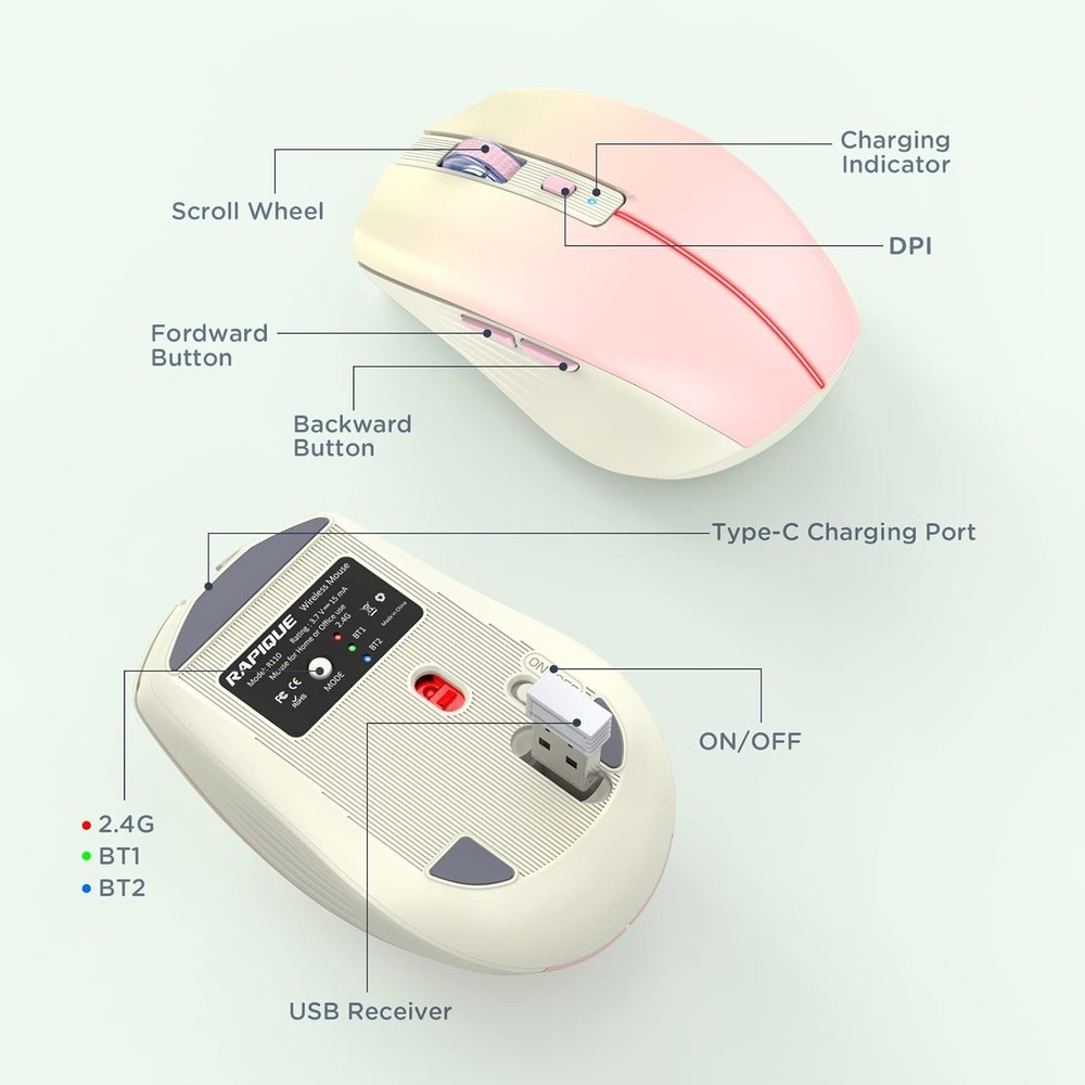 RAPIQUE Bluetooth Wireless Mouse, Rechargeable Gradient Khaki to Pink