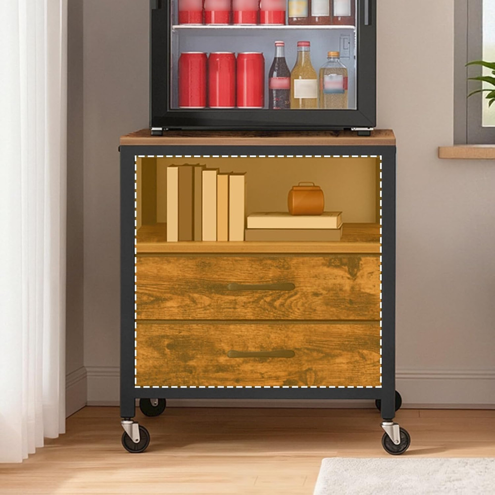 4-Tier Rolling Mini Fridge Stand with Drawers, Rustic Brown & Black