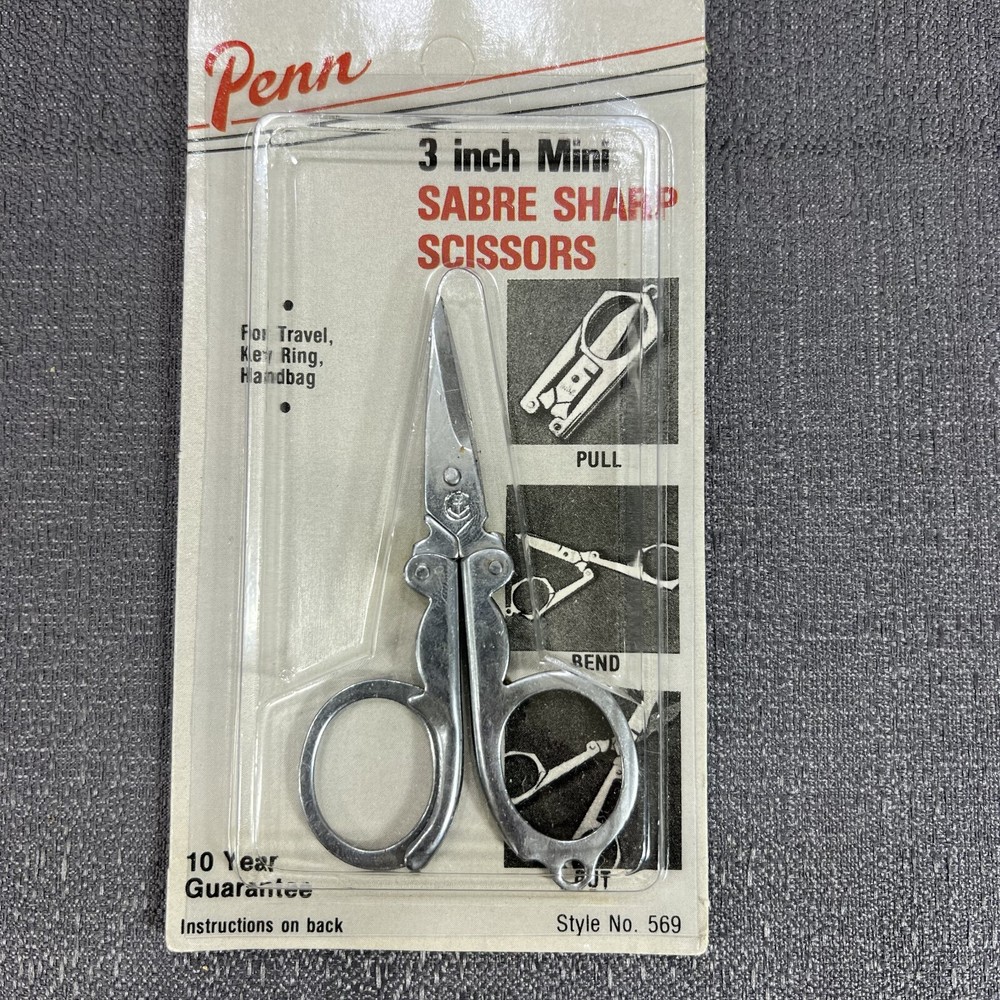 Vintage Penn Mini Sharp Scissors 3” Silver Foldable New In Package Style 569