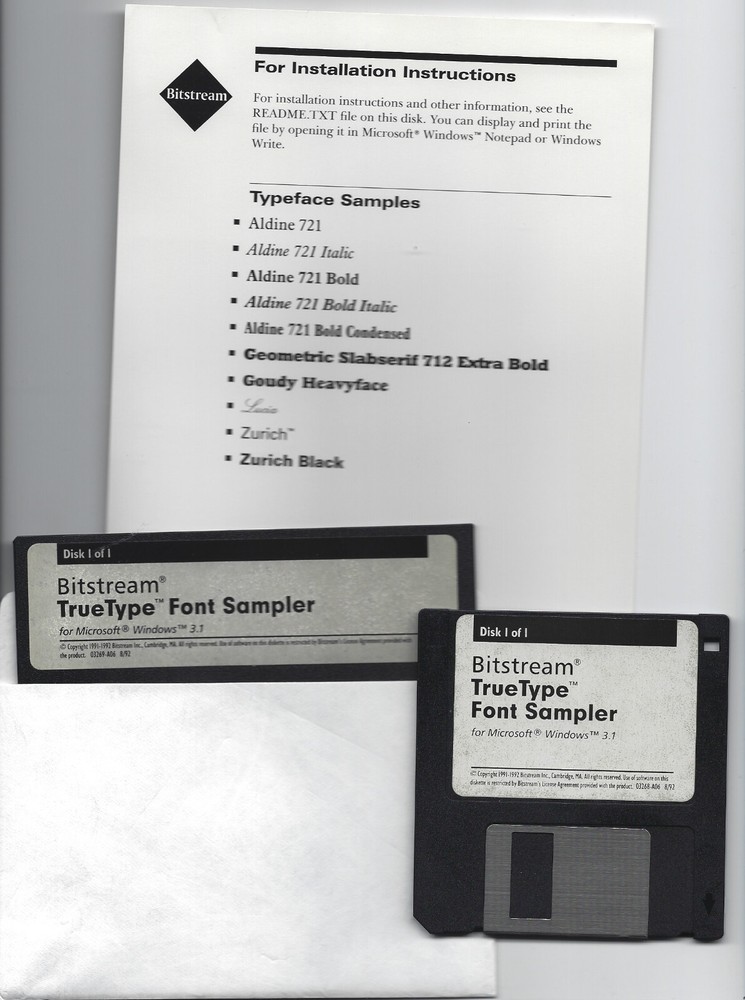 Bitstream TrueType Font Pack Sampler - 10 typefaces * 3.5 & 5.25 discs