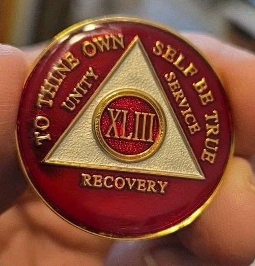 XLIII (43) Year AA Sobriety Chip Red Front Black Back - New
