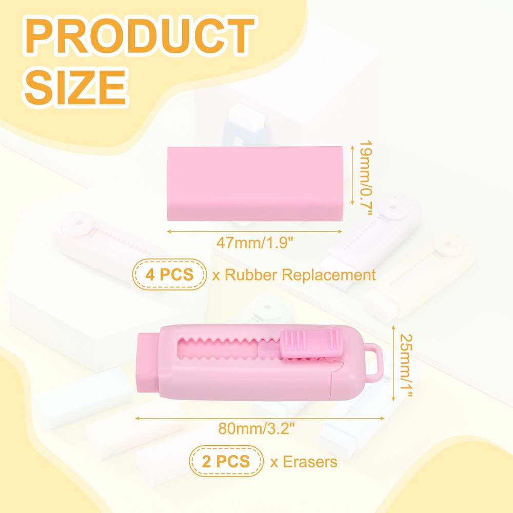 2+4Pack Erasers, Sliding Retractable Eraser Push Pull Cute Pencil Erasers, Pink