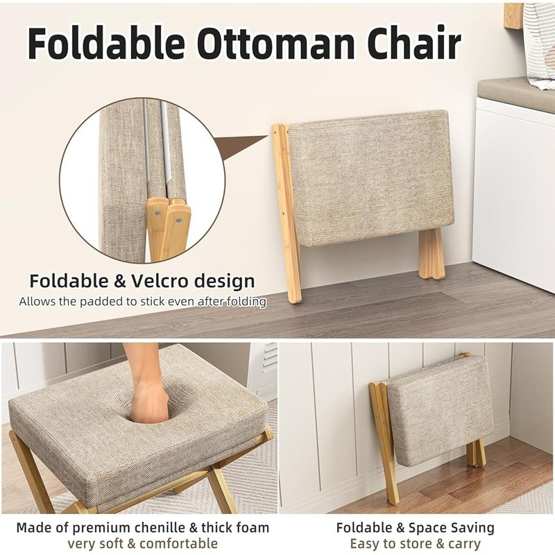 Foldable Bamboo Footrest Padded Ottoman Space Saving Foot Stool Easy Assembly US