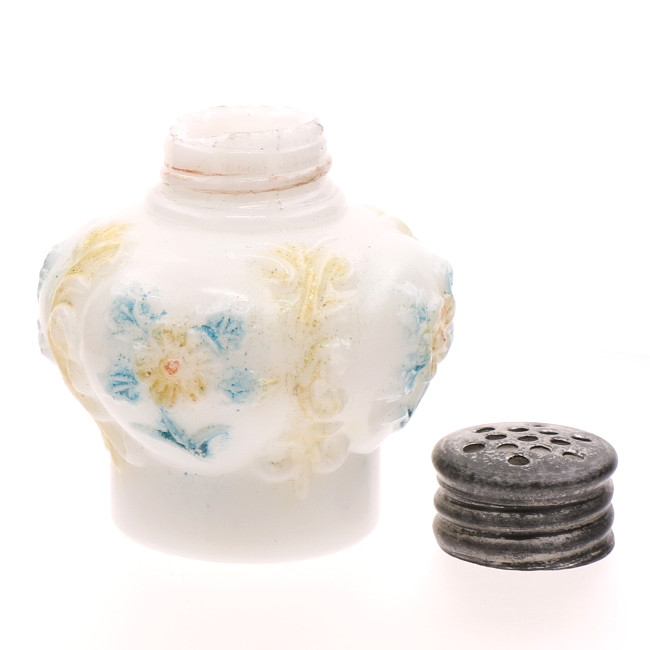 Victorian EAPG Eagle Glass Decorated Cosmos Scroll Salt Shaker for Tray 2 1/4"